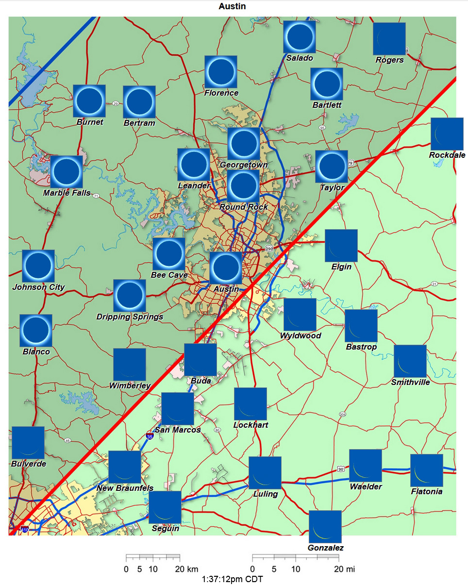 Mapa interactivo del eclipse de 2024 de Austin