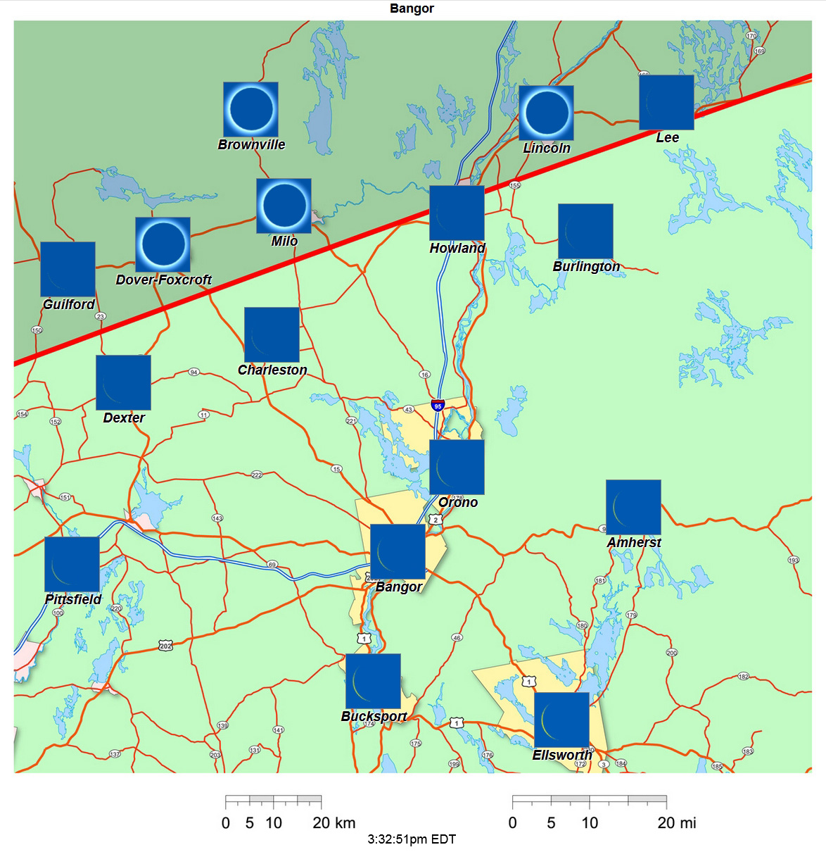 Carte interactive d'éclipse de 2024 pour Bangor