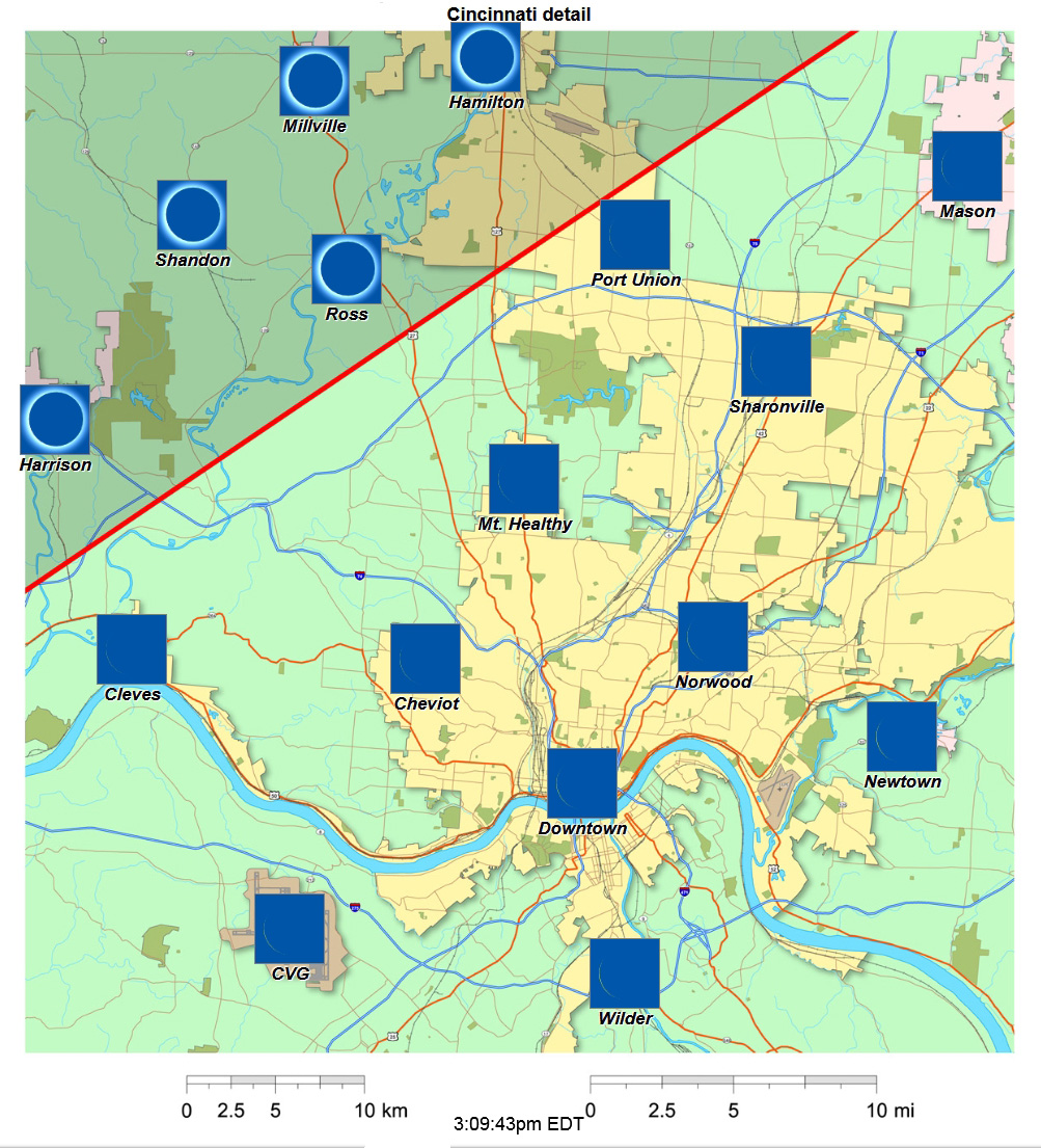 Carte interactive détaillée d'éclipse de 2024 pour Cincinnati