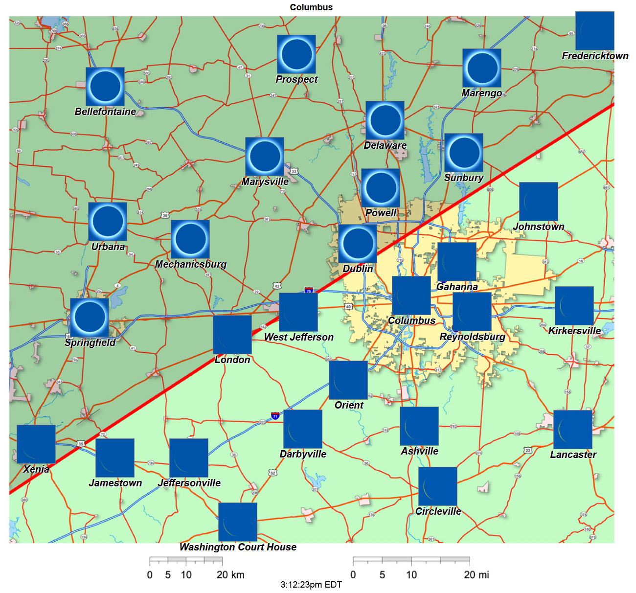 Mapa interactivo del eclipse de 2024 de Columbus