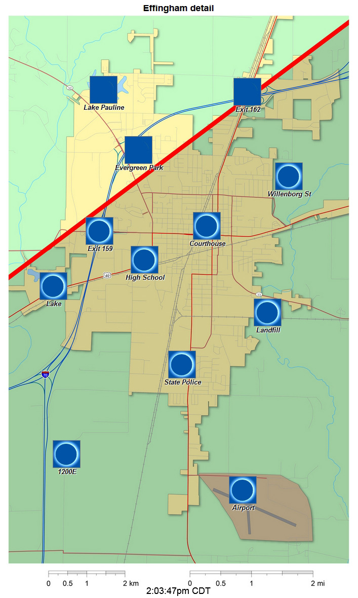 Carte interactive détaillée d'éclipse de 2024 pour Effingham