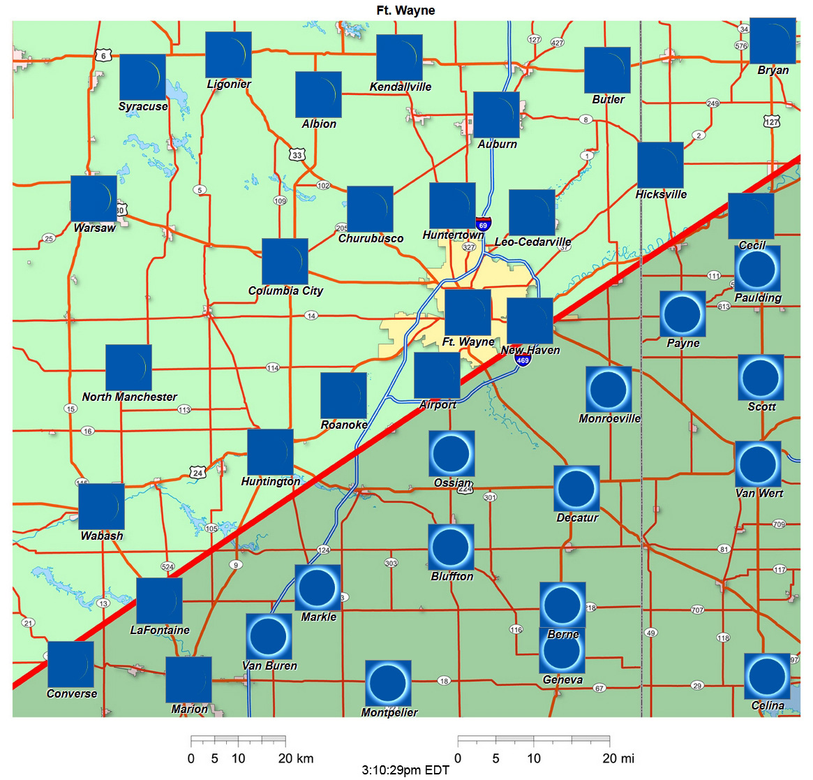 Mapa interactivo del eclipse de 2024 de Ft. Wayne