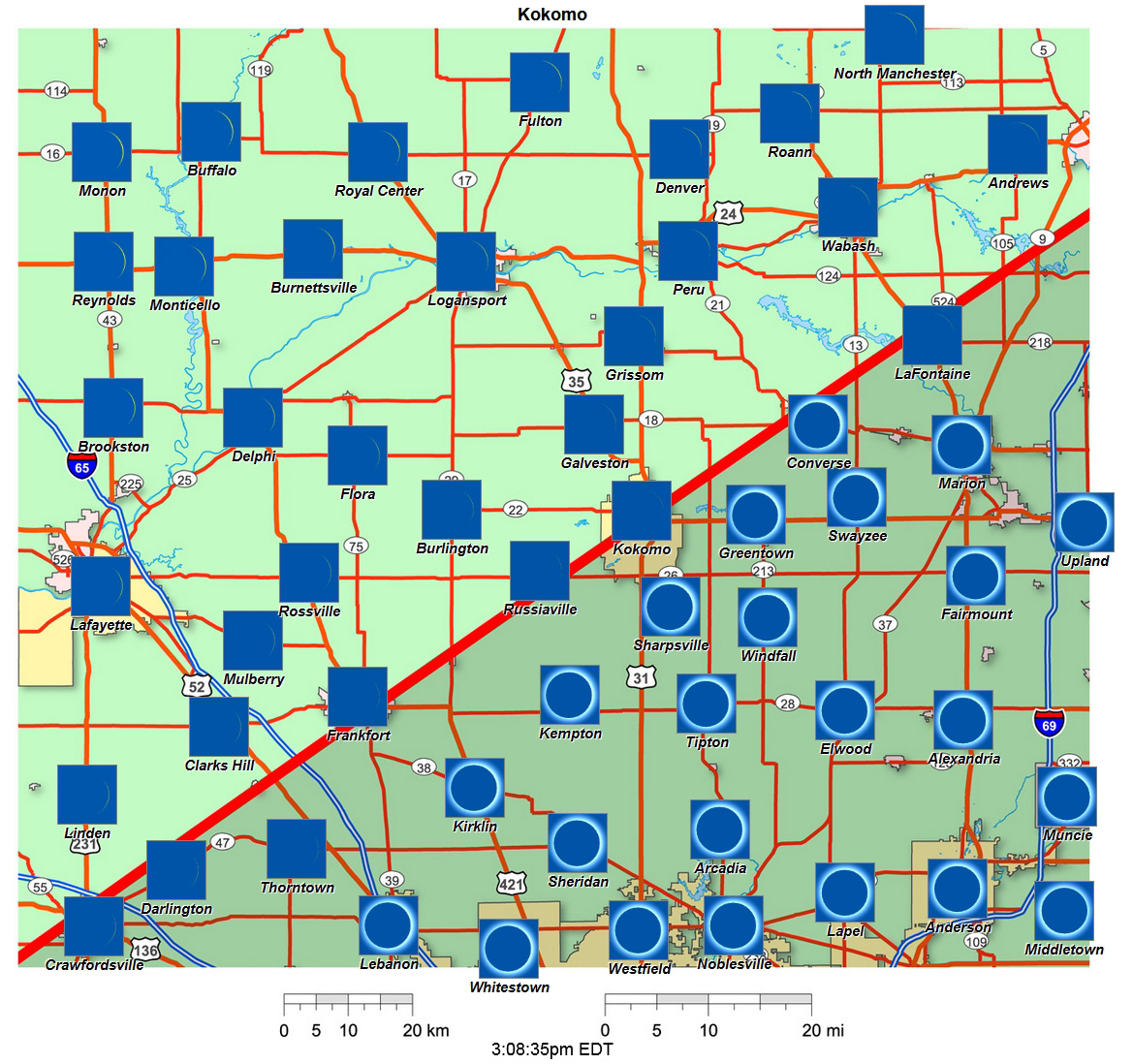 Mapa interactivo del eclipse de 2024 de Kokomo