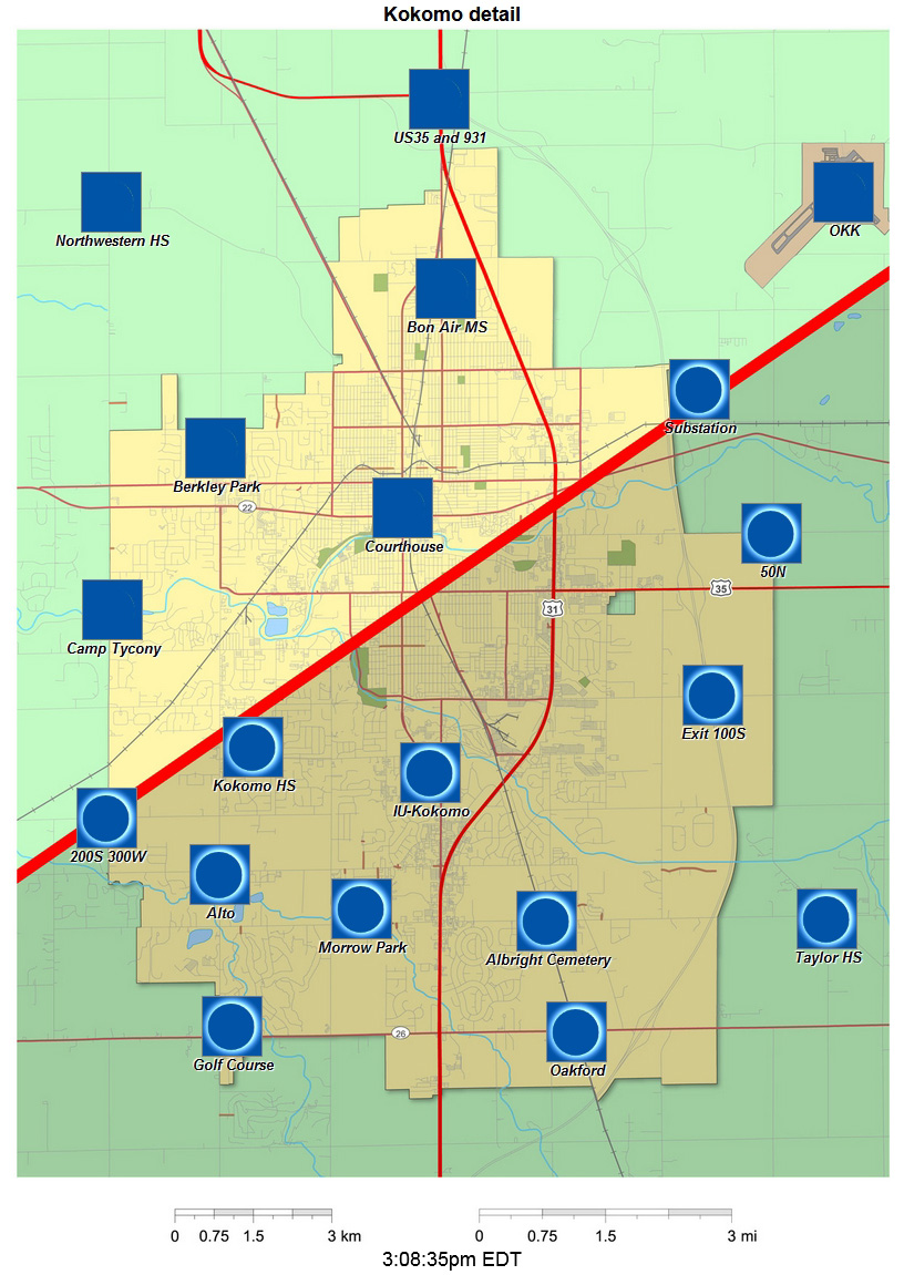 Mapa detallado interactivo del eclipse de 2024 de Kokomo