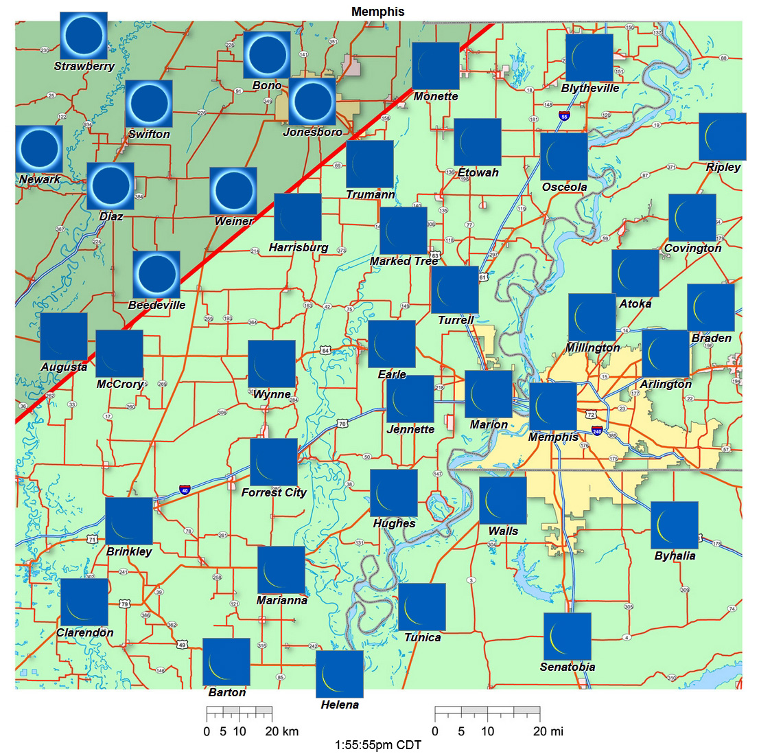 Carte interactive d'éclipse de 2024 pour Memphis