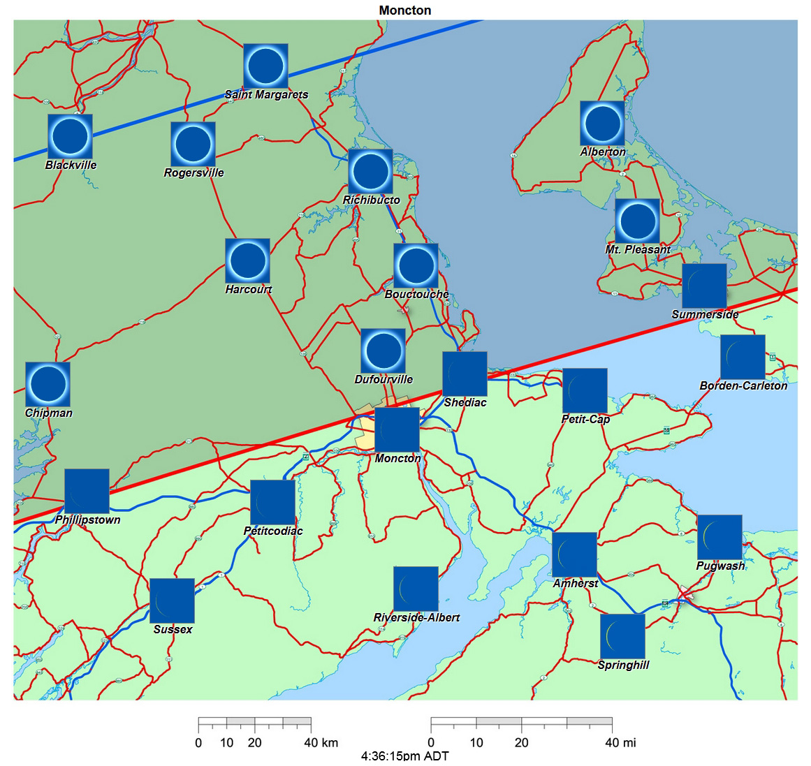 Carte interactive d'éclipse de 2024 pour Moncton