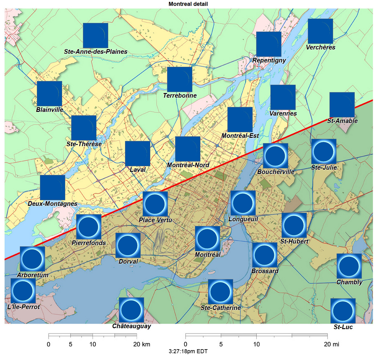 Carte interactive détaillée d'éclipse de 2024 pour Montreal