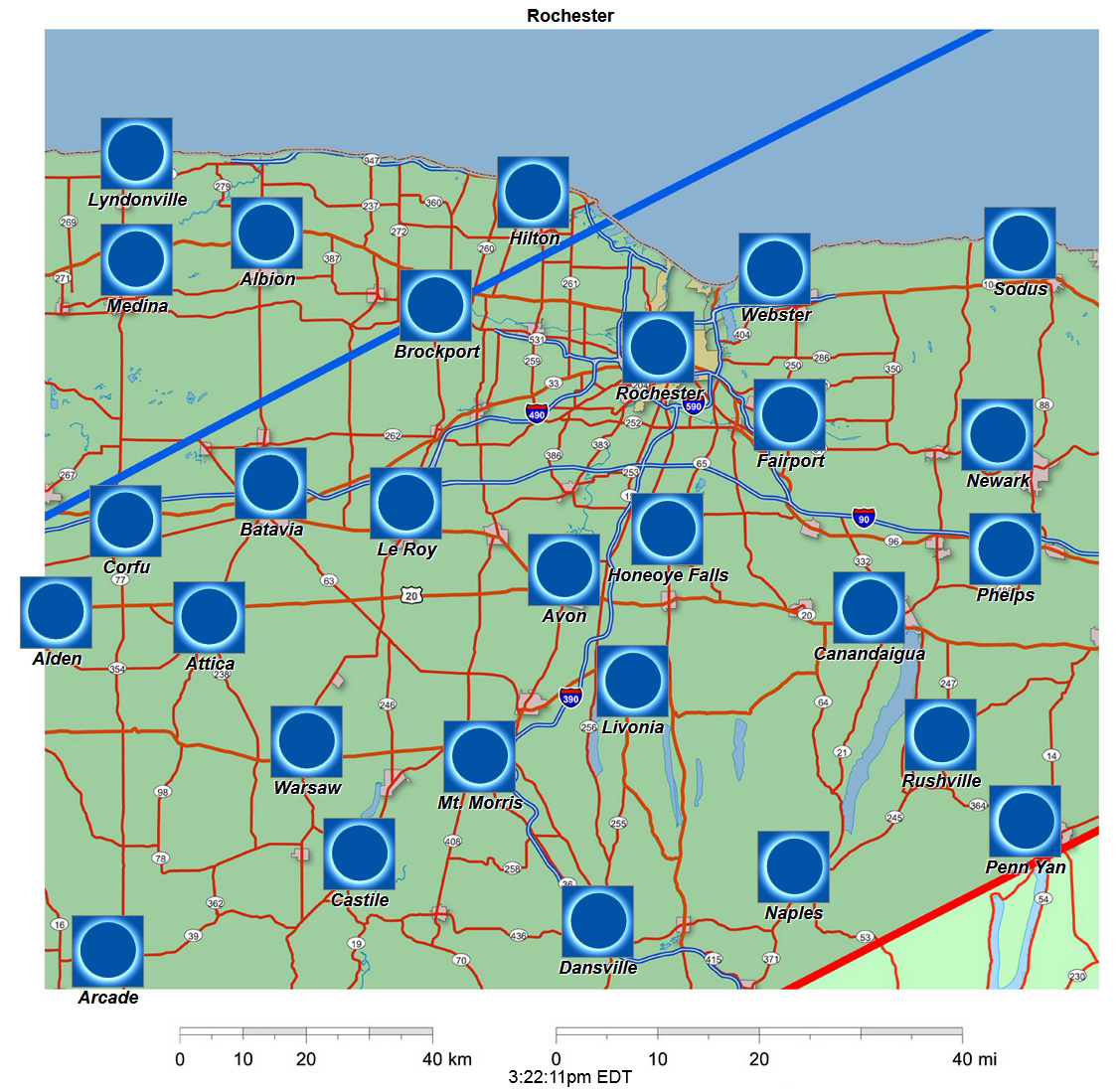 Carte interactive d'éclipse de 2024 pour Rochester
