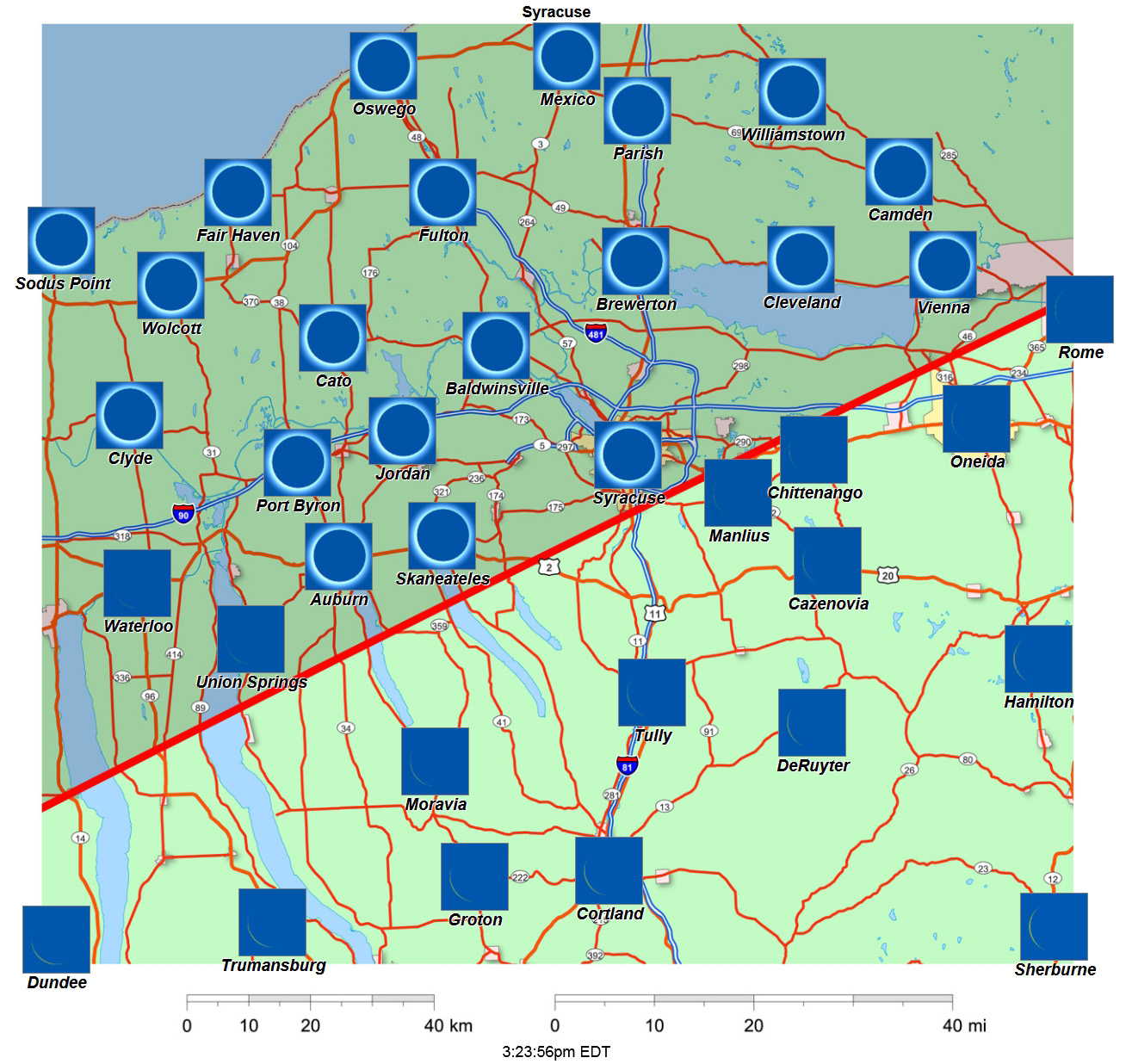 Carte interactive d'éclipse de 2024 pour Syracuse