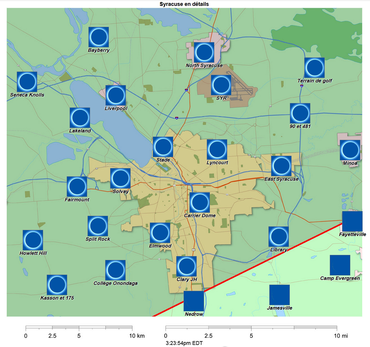 Carte interactive détaillée d'éclipse de 2024 pour Syracuse