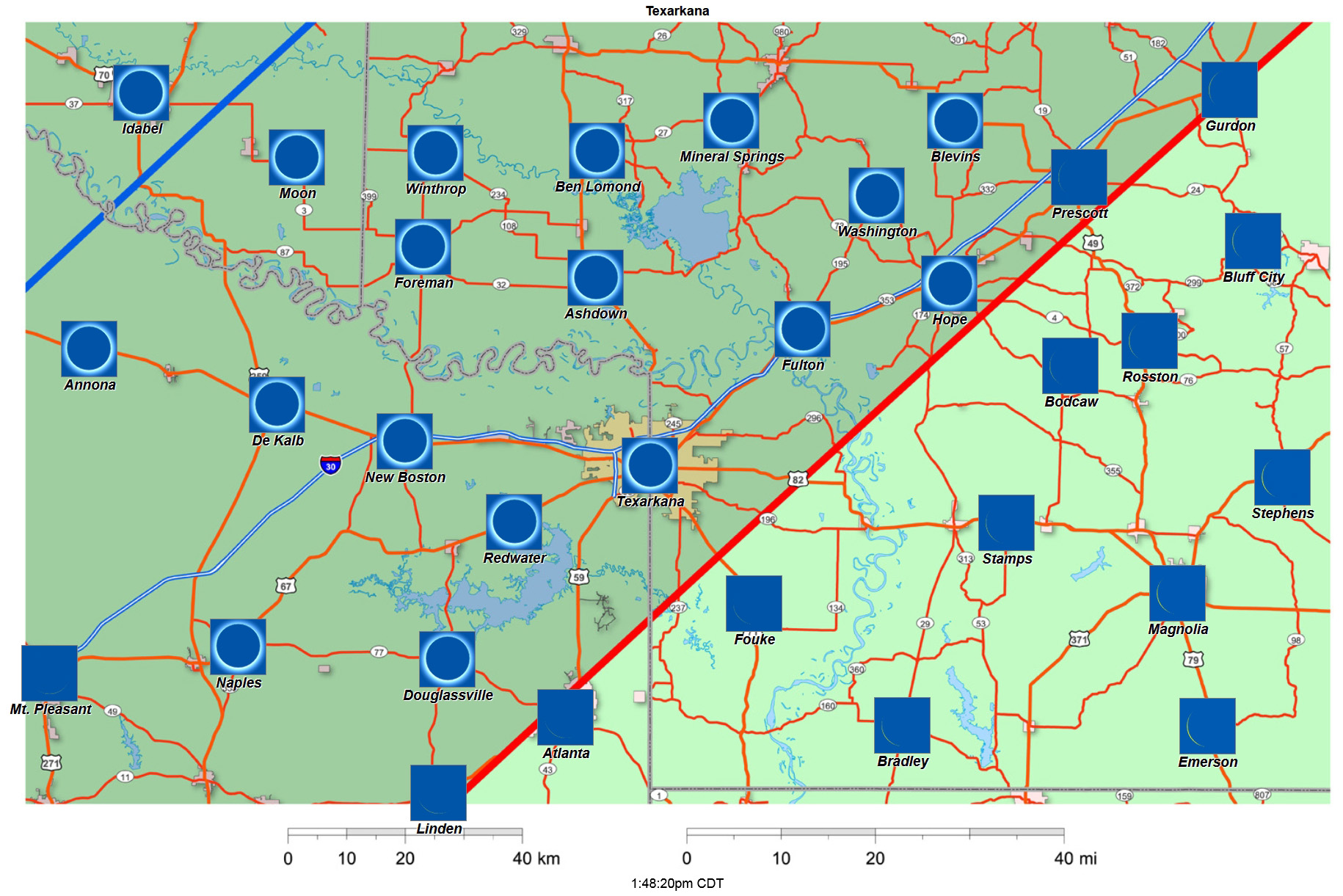 Carte interactive d'éclipse de 2024 pour Texarkana