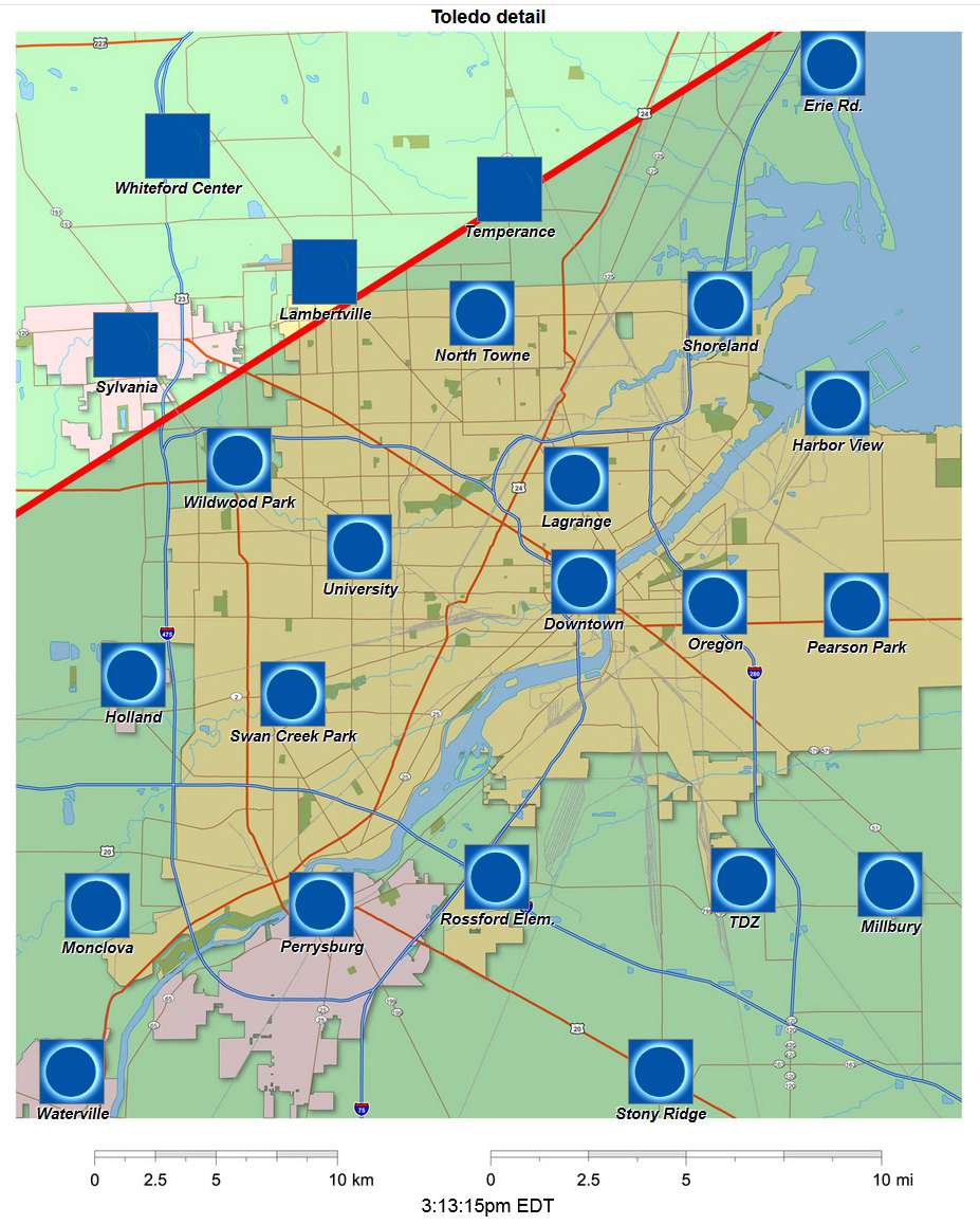 Carte interactive détaillée d'éclipse de 2024 pour Toledo