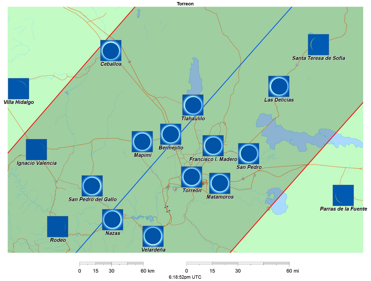 Carte interactive d'éclipse de 2024 pour Torreon