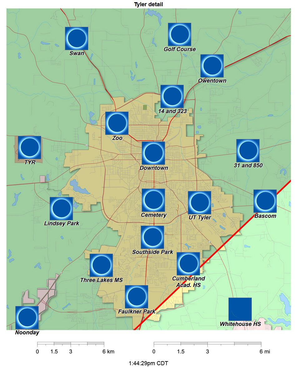 Mapa interactivo detallado del eclipse de 2024 de Tyler
