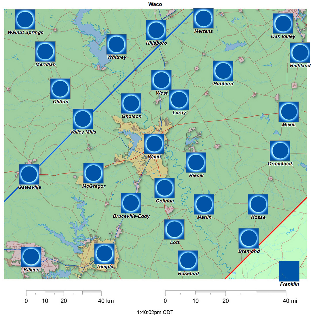 Carte interactive d'éclipse de 2024 pour Waco